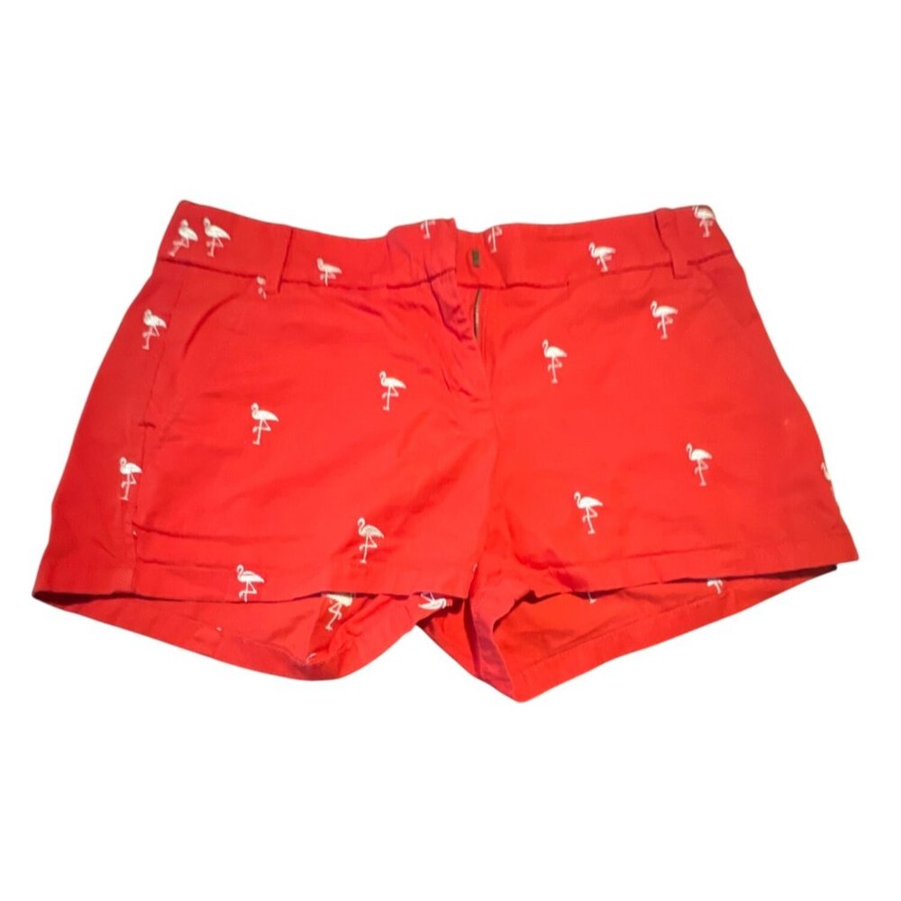 J. Crew Womens Flamingo Embroidered Red Chino Shorts 100% Cotton Size 0‎